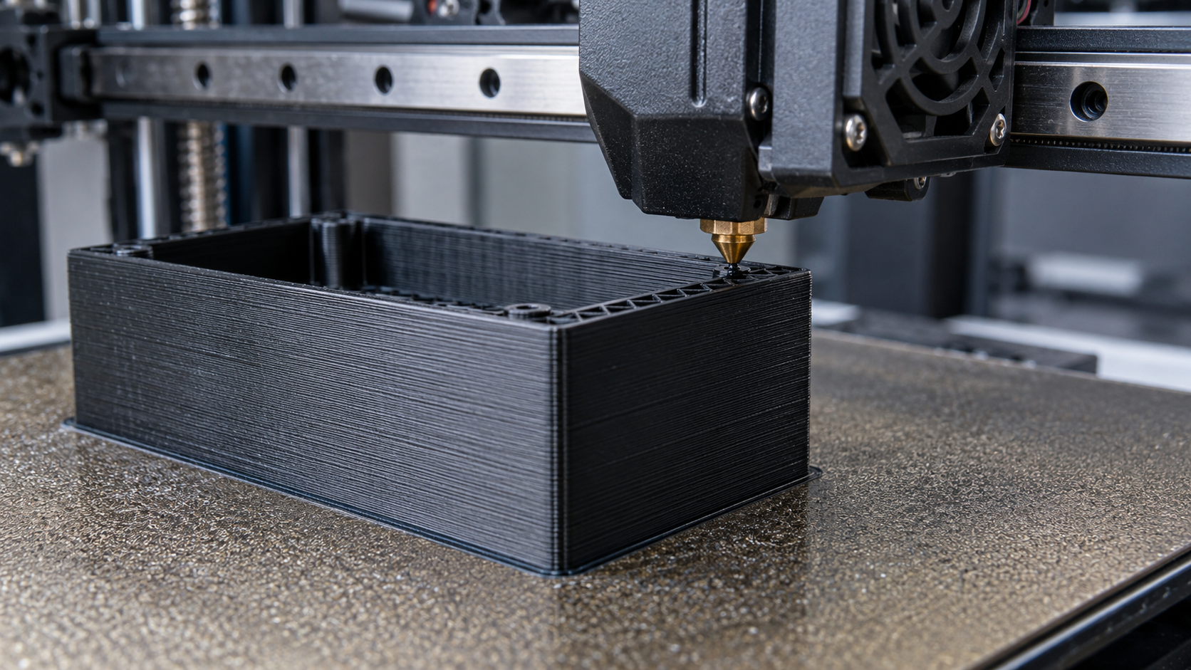Technical illustration of a 3D printer building an engineering bracket