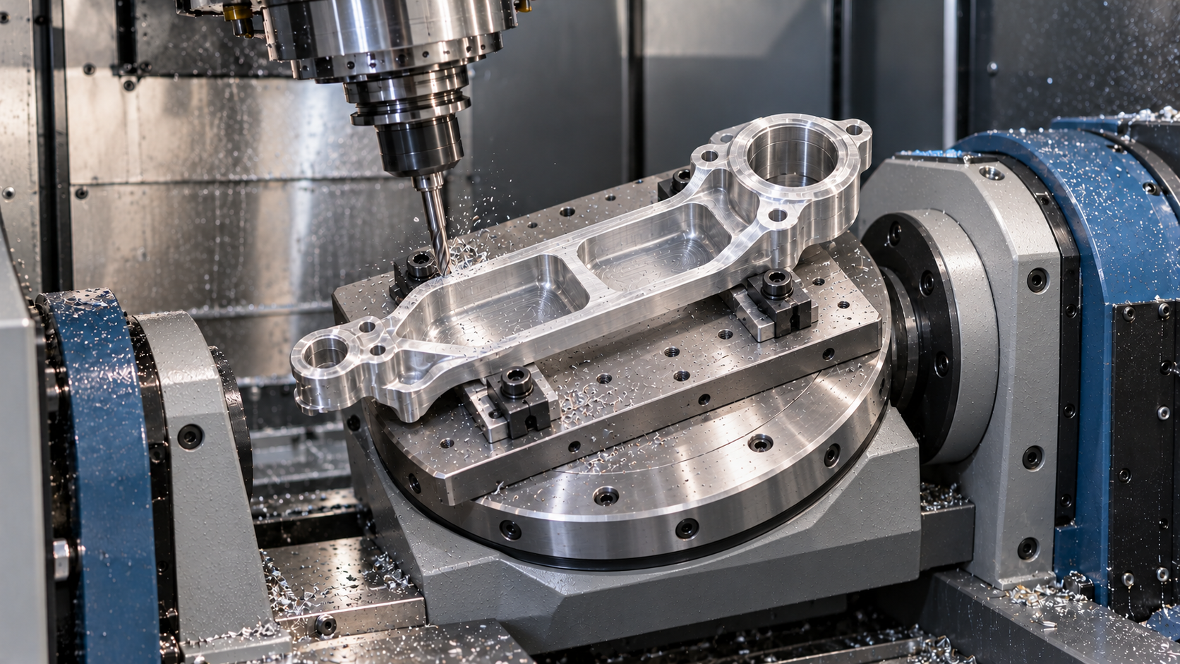 Technical illustration of CNC milling an aluminum workpiece