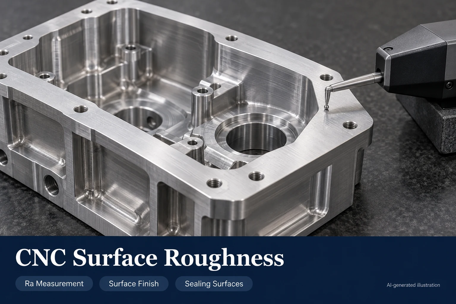 AI-generated CNC aluminum housing with a sealing land and stylus roughness tester, illustrating surface finish inspection.
