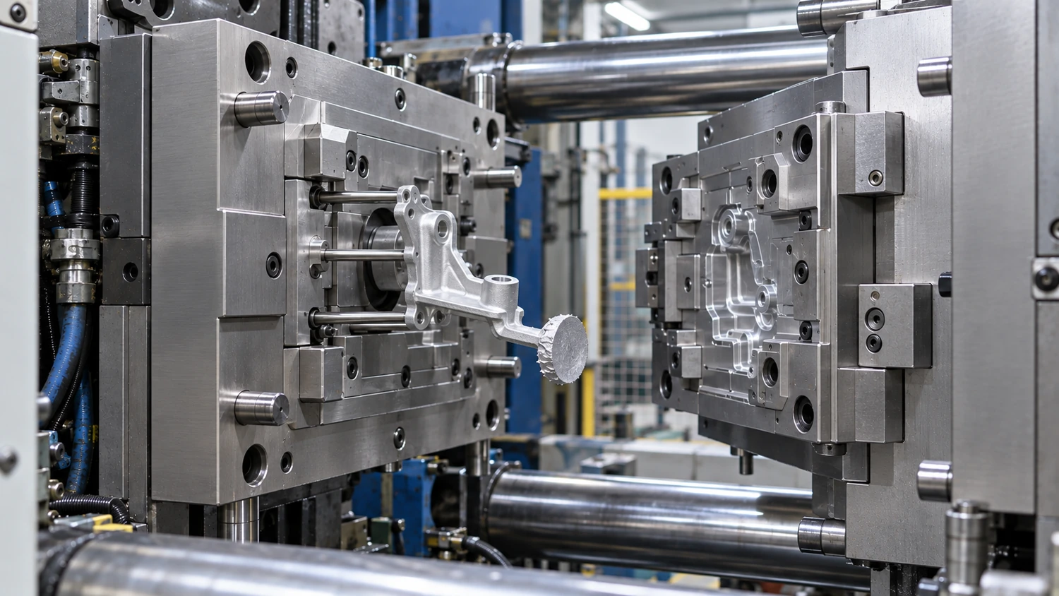 Die casting mold open with an aluminum component and runner