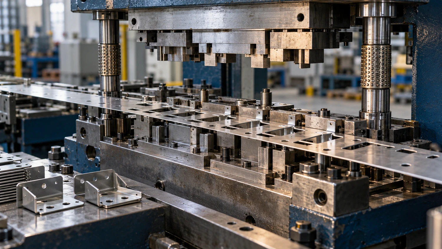 Sheet metal strip passing through progressive stamping tooling