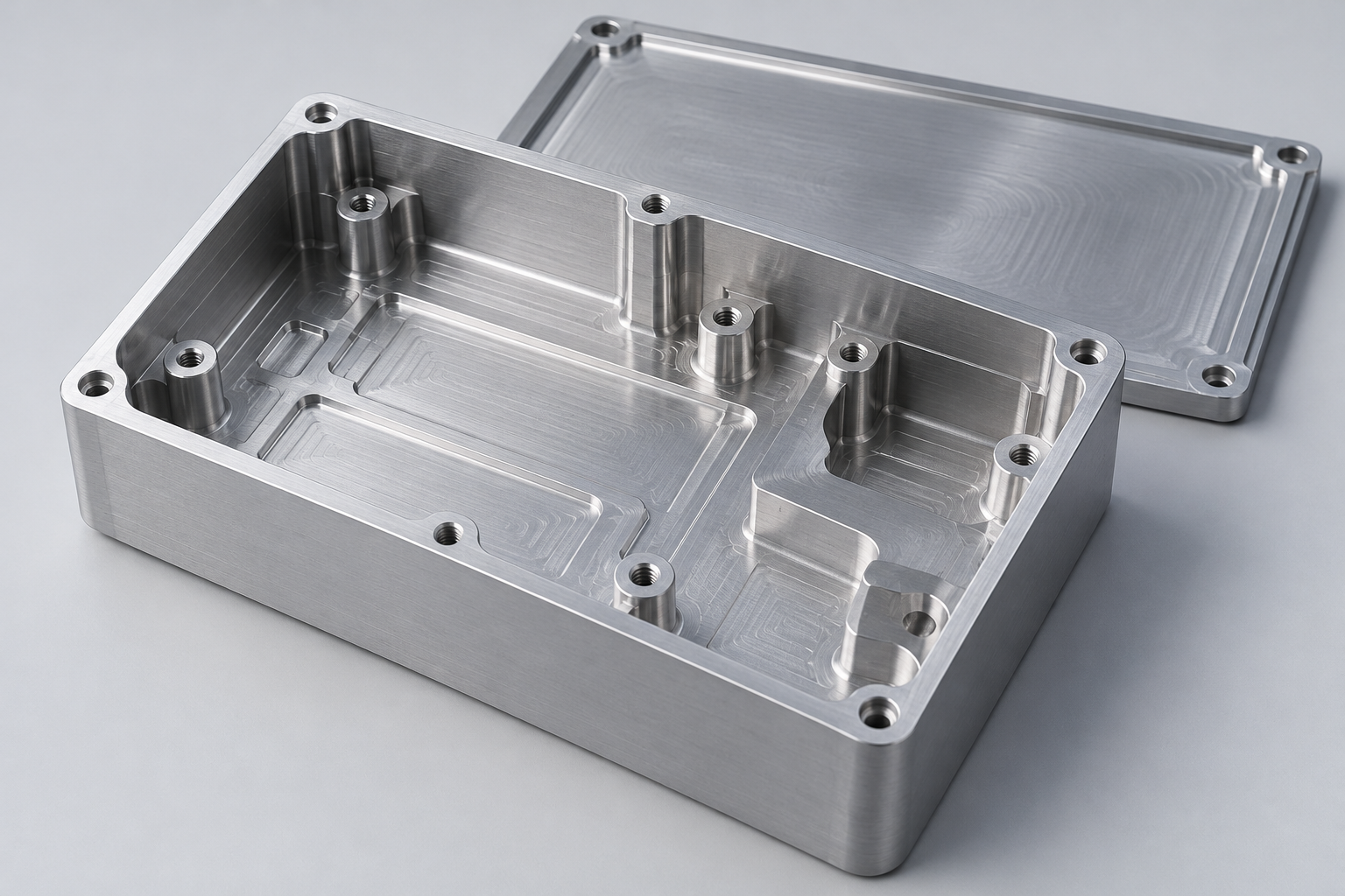 Illustrative precision machined aluminum enclosure with pockets and mounting features