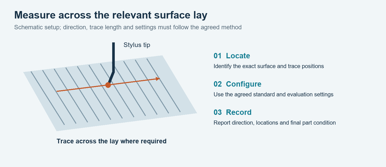 Stylus measurement schematic showing surface lay, measurement direction and the information to record.