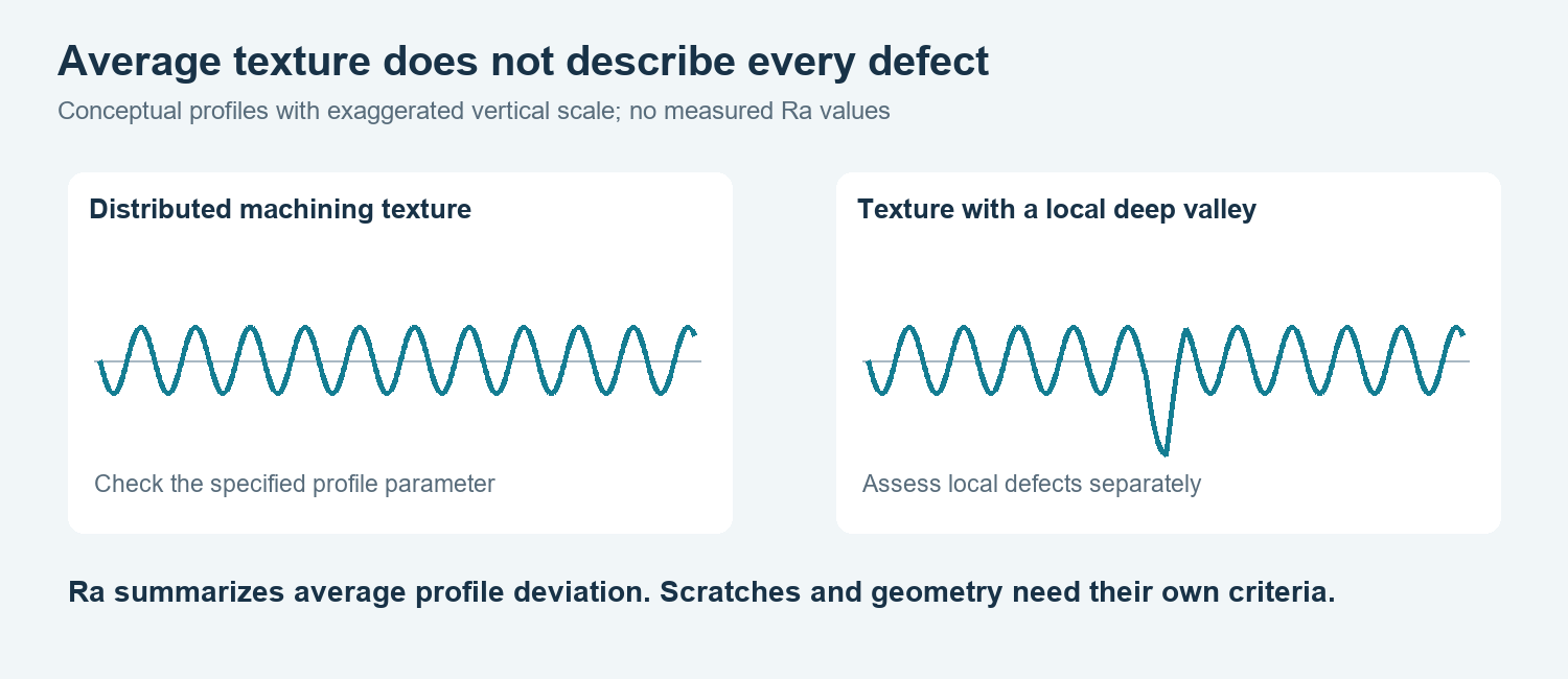 Conceptual profiles show why average texture and local defects need separate acceptance criteria.