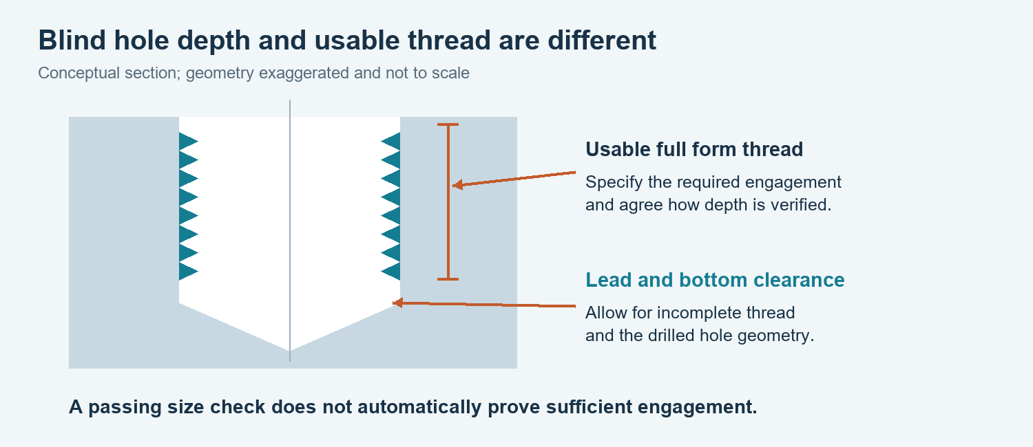 Blind hole section distinguishes usable full form thread from lead and drilled bottom clearance.