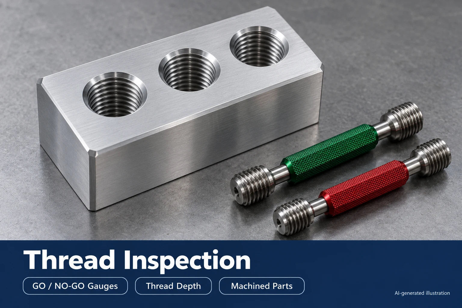 AI-generated machined aluminum block with threaded holes and separate thread plug gauges, illustrating thread inspection.连接