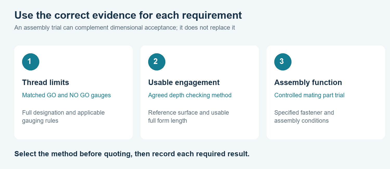 Thread limit gauging, depth verification and assembly trials address different requirements.