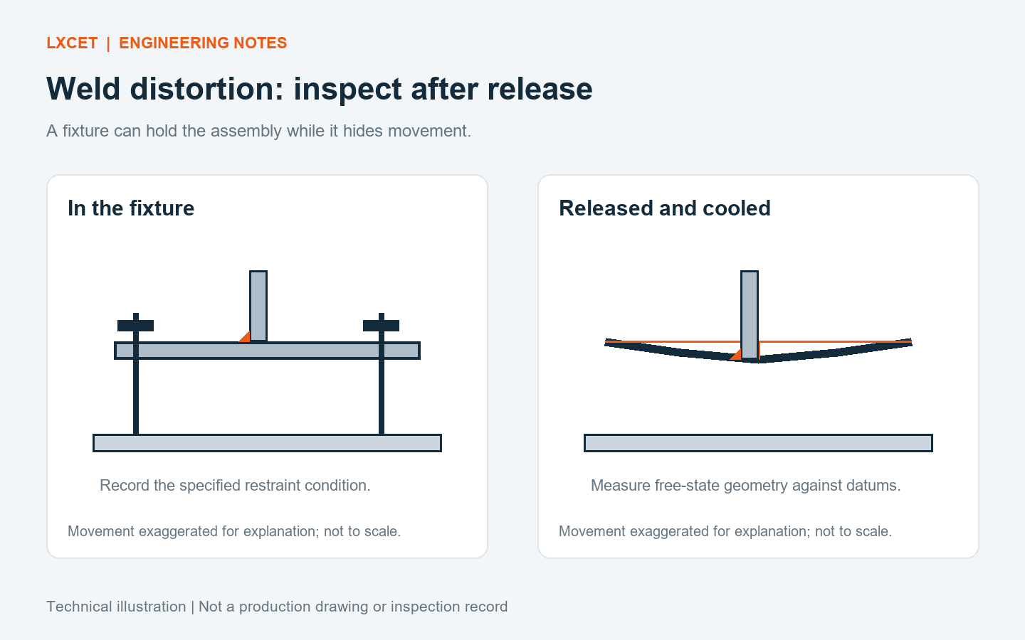 Welding distortion control illustration comparing a restrained bracket with its released condition